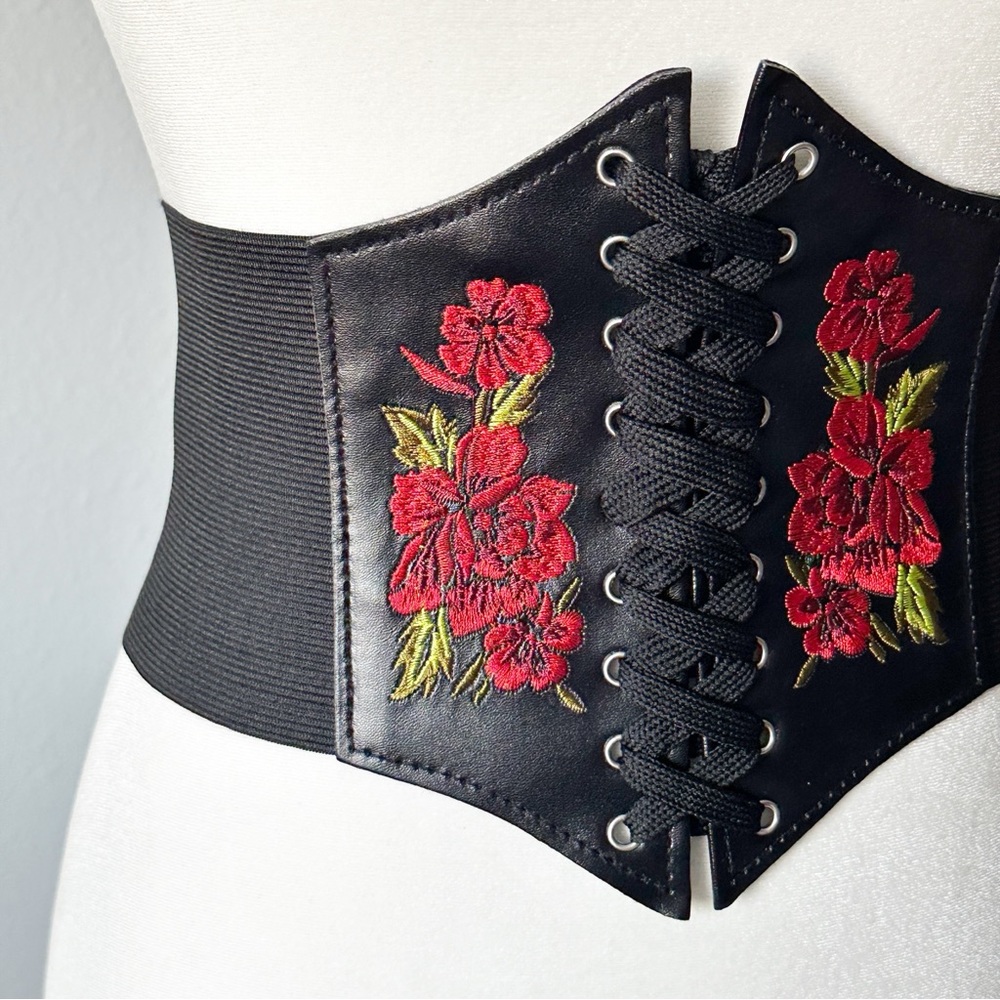 Corset Style Rose Embroidered Black Faux Leather Wide Waist Belt Lace Up Front - Picture 2 of 10